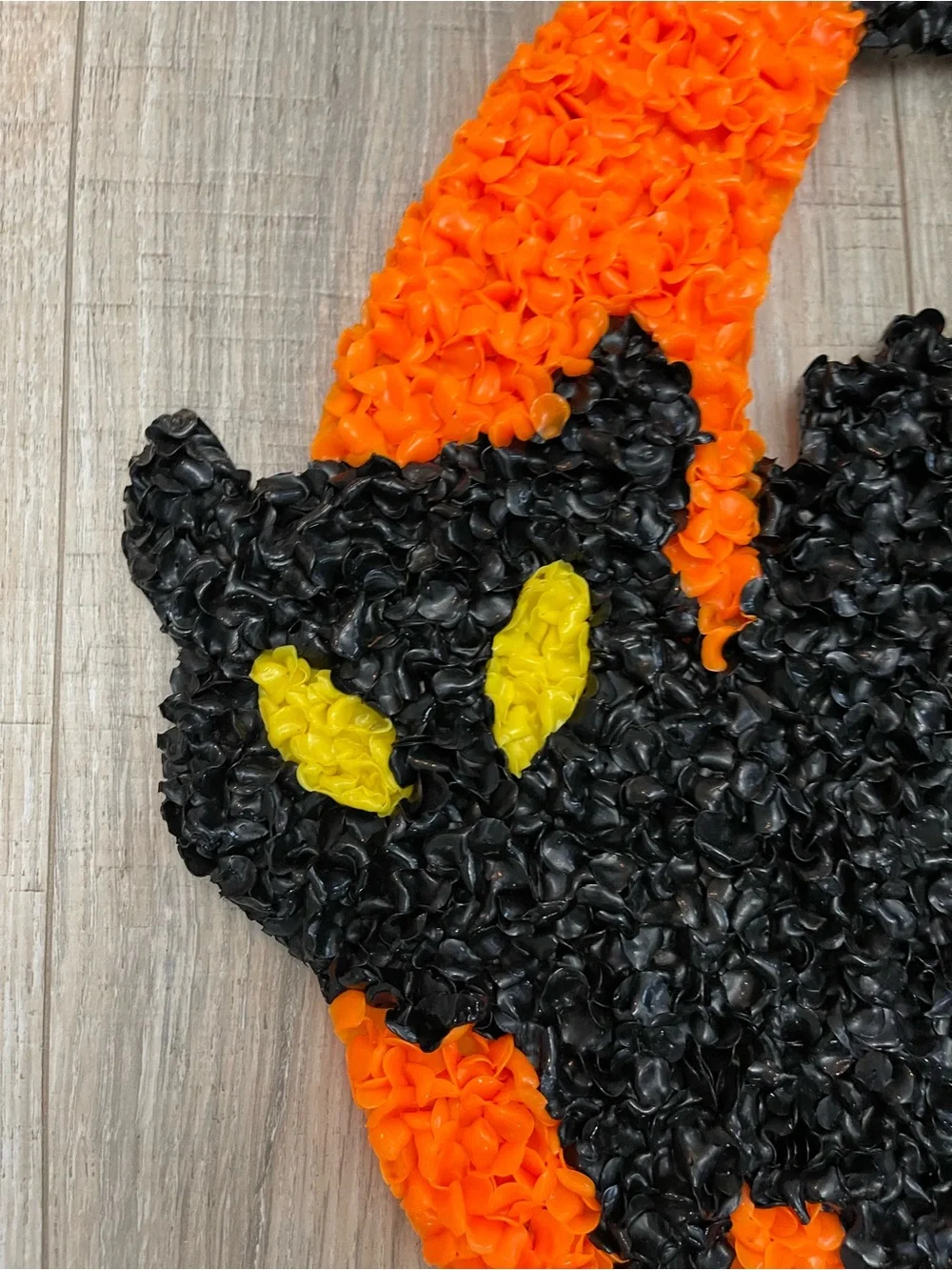 Vtg 70s Melted Plastic Popcorn Halloween Decoration Black Cat on Crescent Moon
